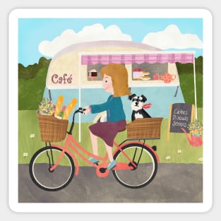 The caravan cafe with a lady on a Dutch bike with shopping and a dog Sticker